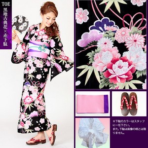 愛姫☆SWEET古典浴衣4点セット0E(黒地古典花×赤下駄)